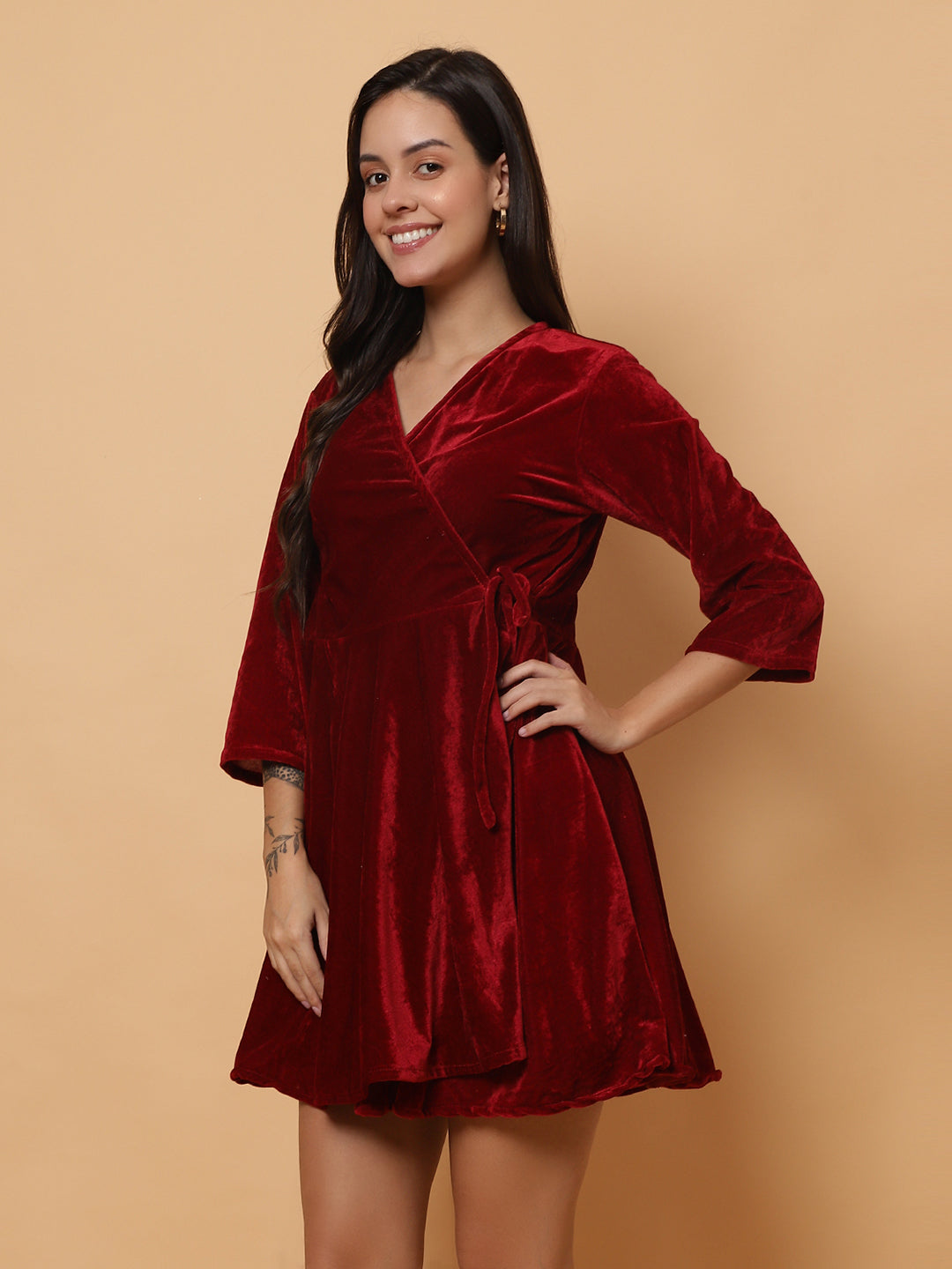 Women Maroon Velvet V-Neck Short Dress