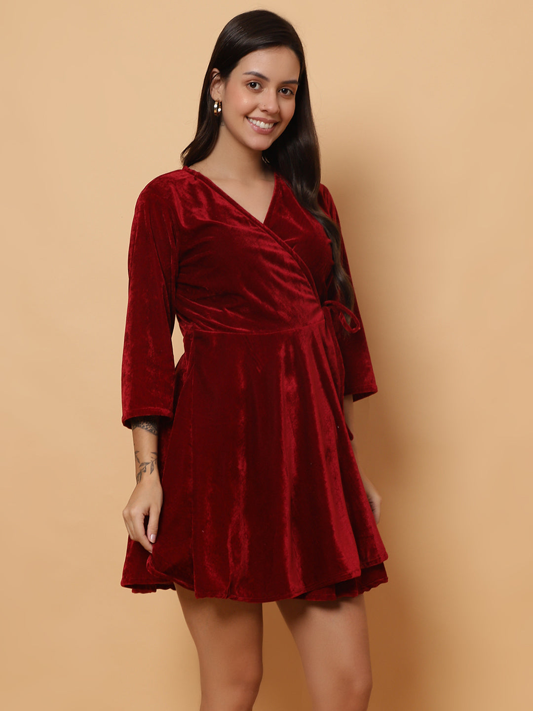Women Maroon Velvet V-Neck Short Dress