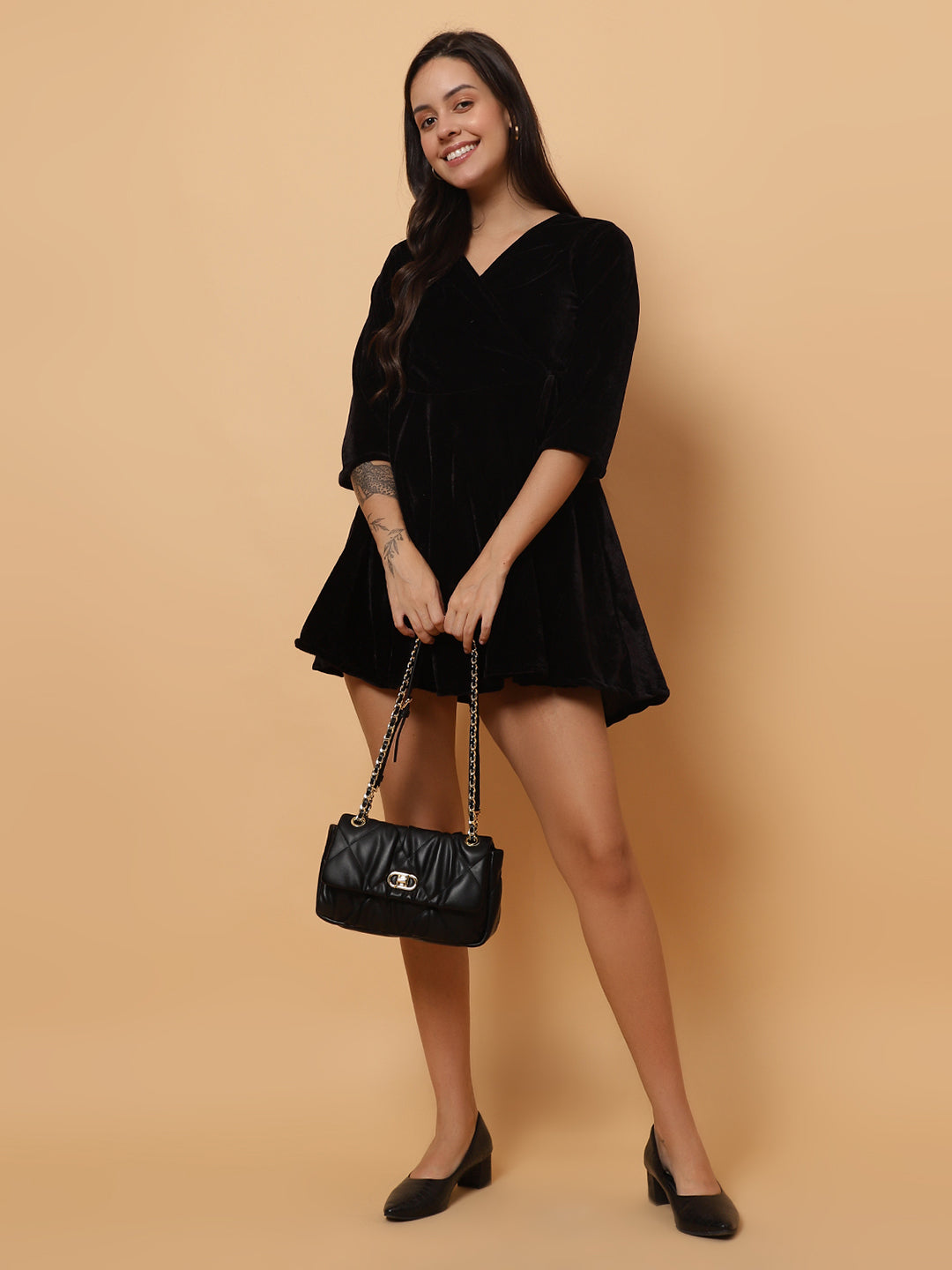 Women Black Velvet V-Neck Short Dress