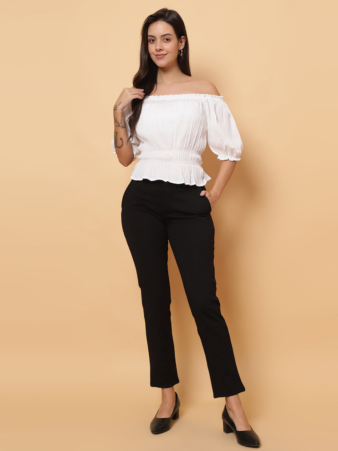 Women White Off-Shoulder Pleated Crop Top