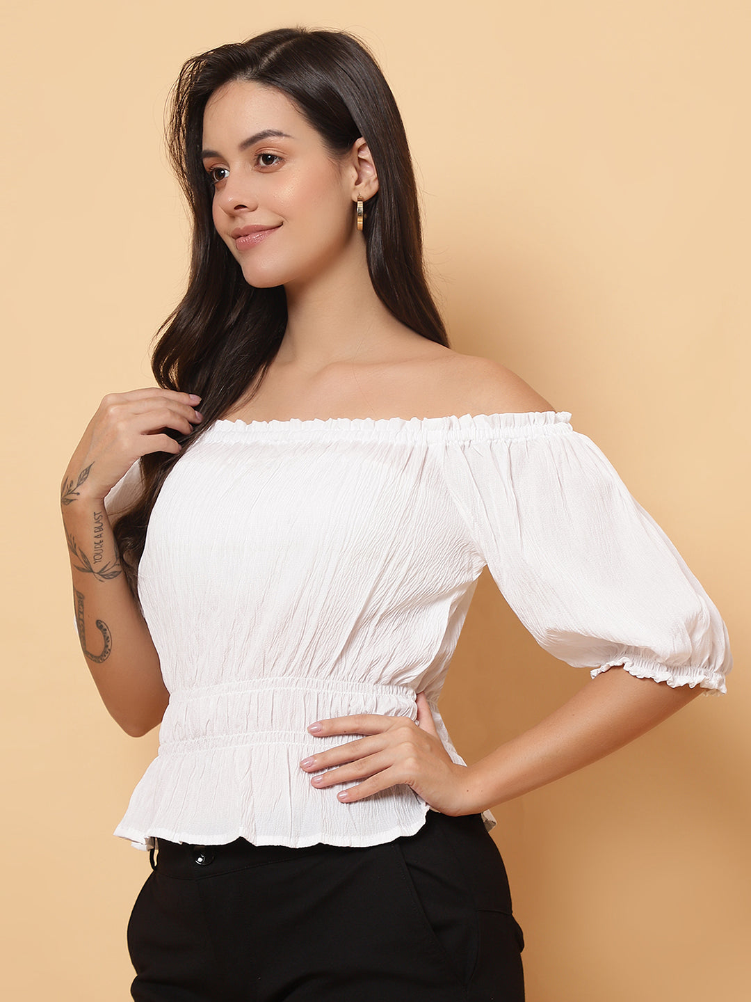 Women White Off-Shoulder Pleated Crop Top