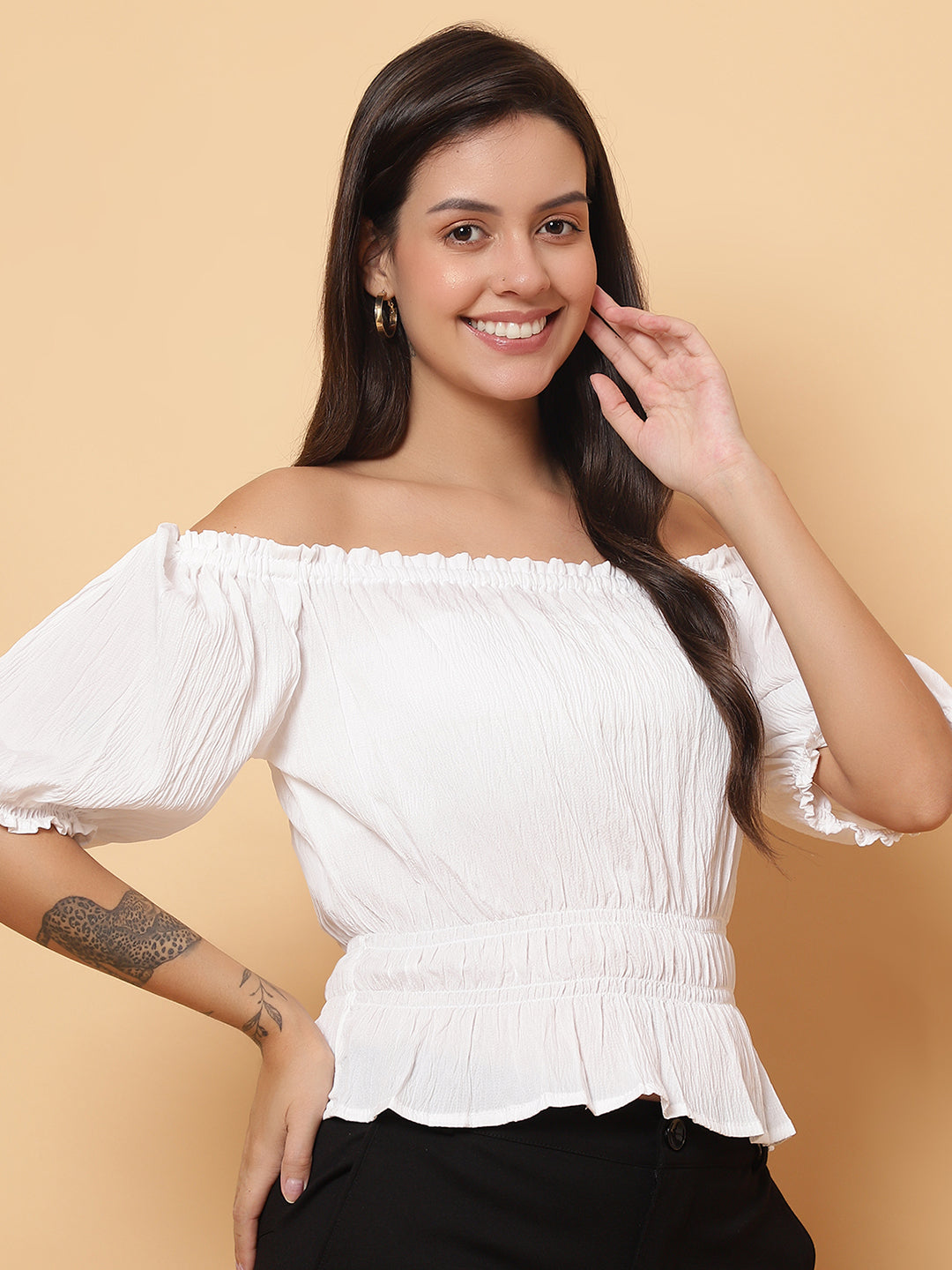 Women White Off-Shoulder Pleated Crop Top
