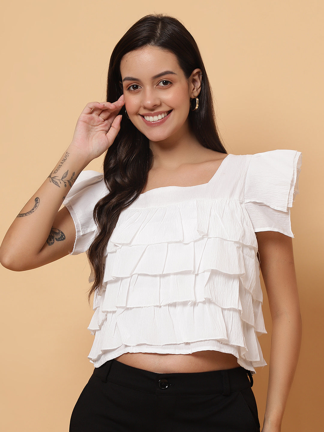 Women White Square Neck Layered Crop Top
