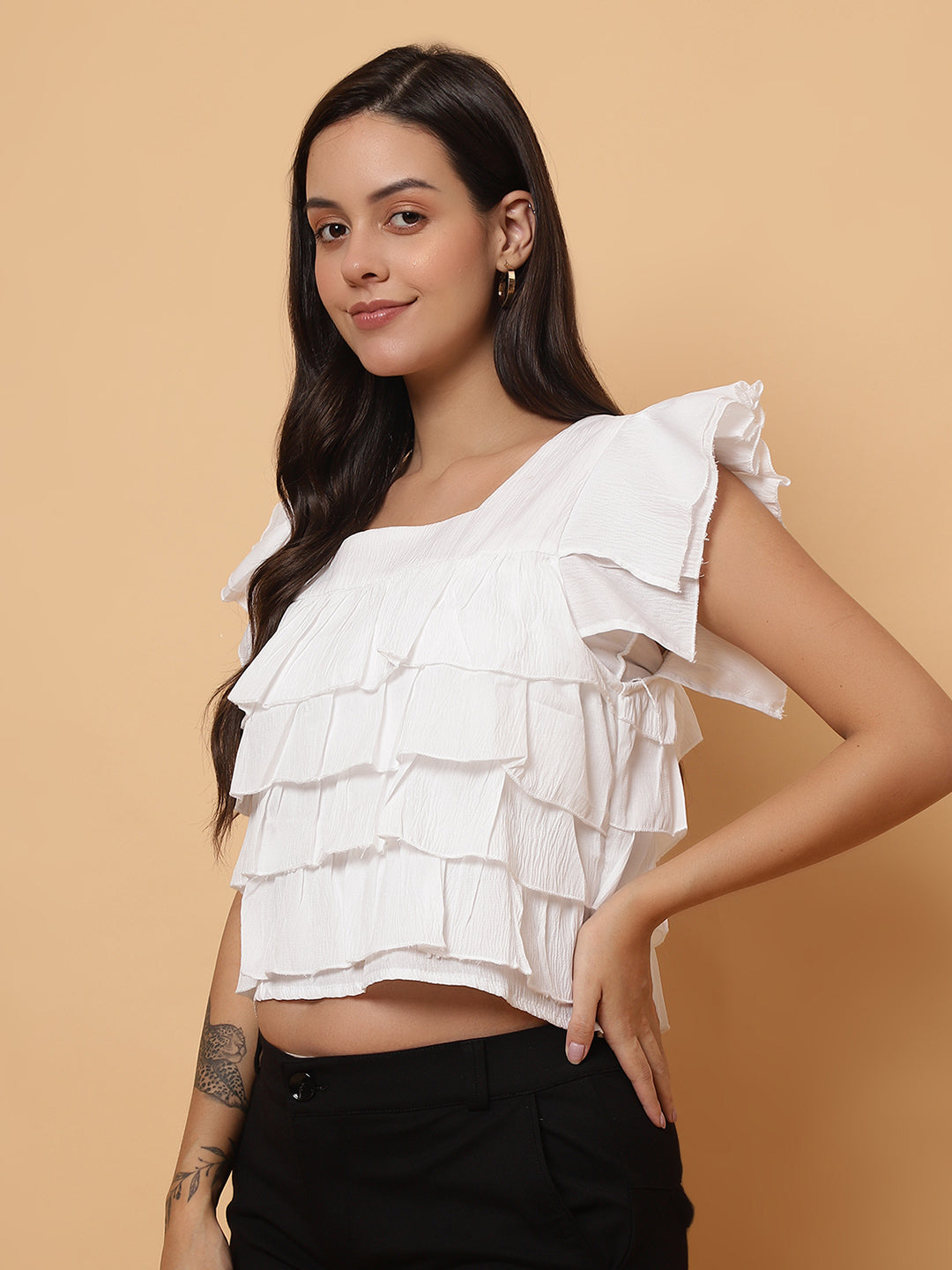 Women White Square Neck Layered Crop Top