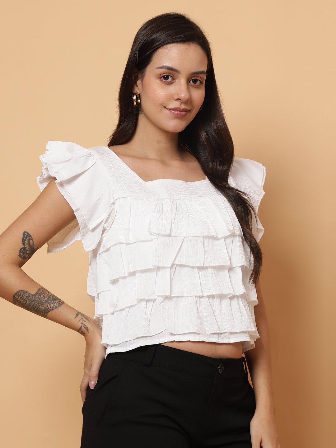 Women White Square Neck Layered Crop Top