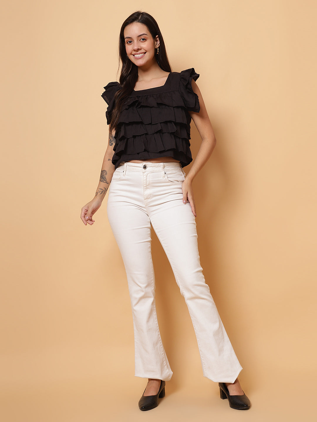 Women Black Square Neck Layered Crop Top
