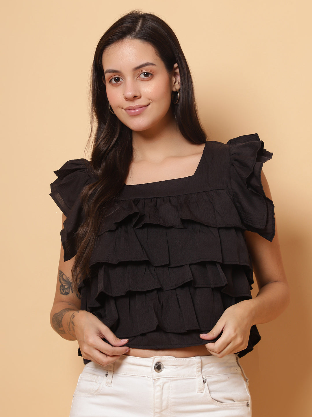 Women Black Square Neck Layered Crop Top