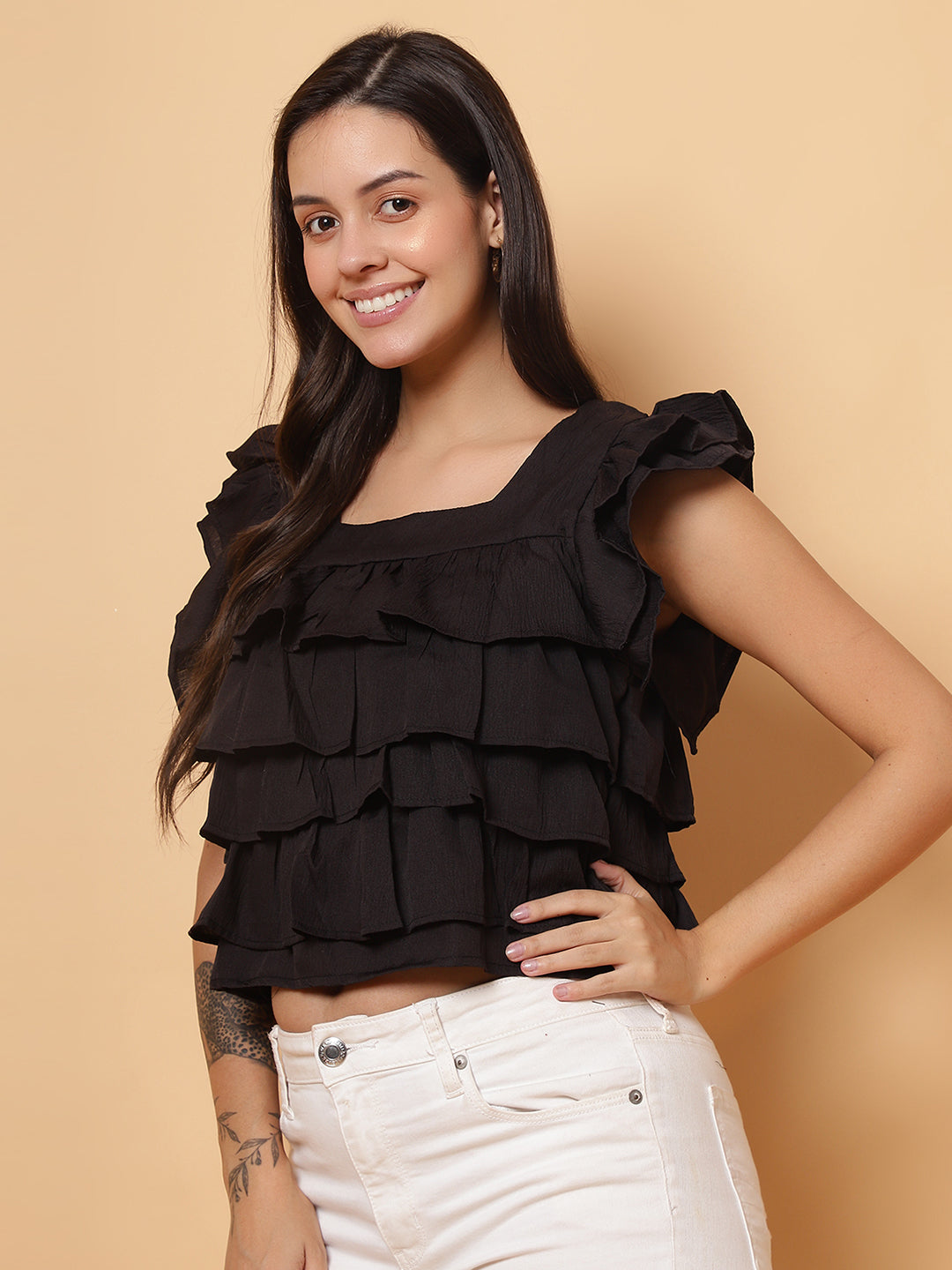 Women Black Square Neck Layered Crop Top