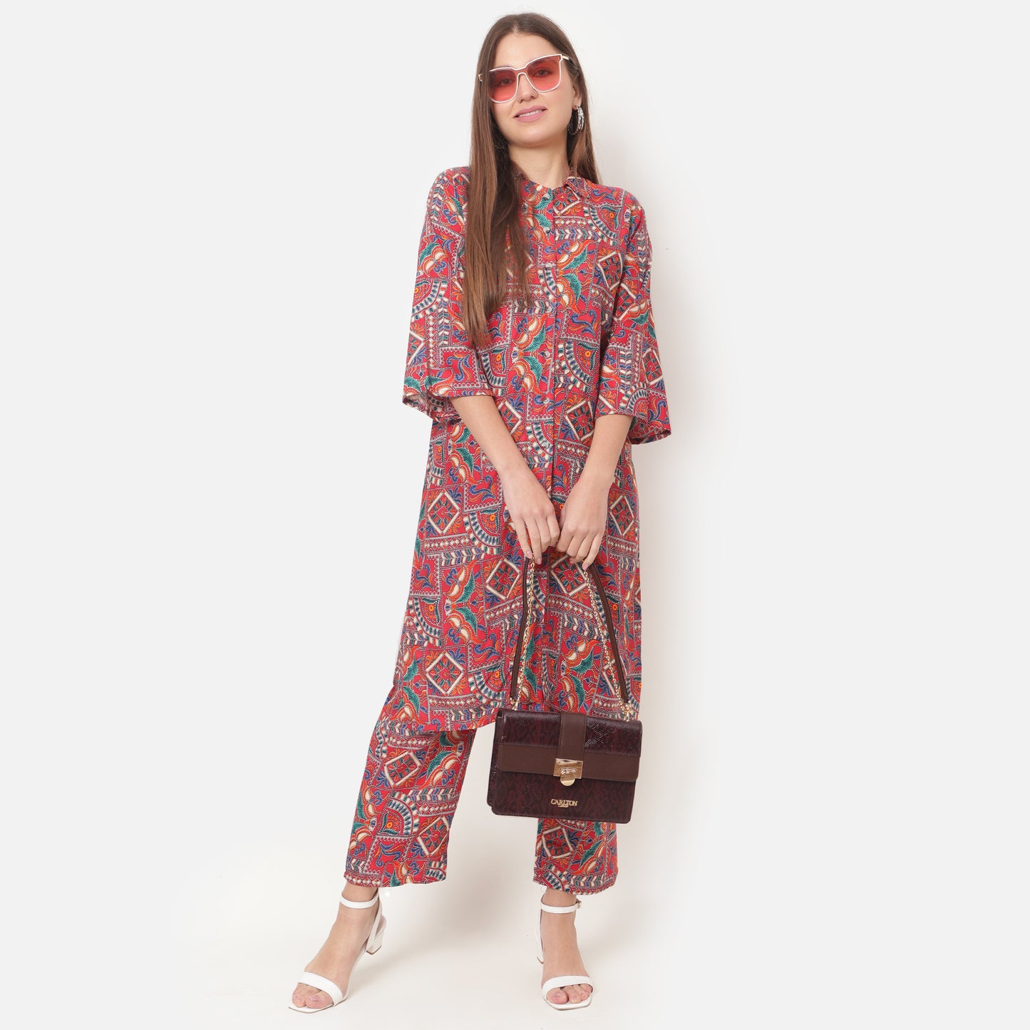 Women Printed Red Shirt Collar Co-Ords
