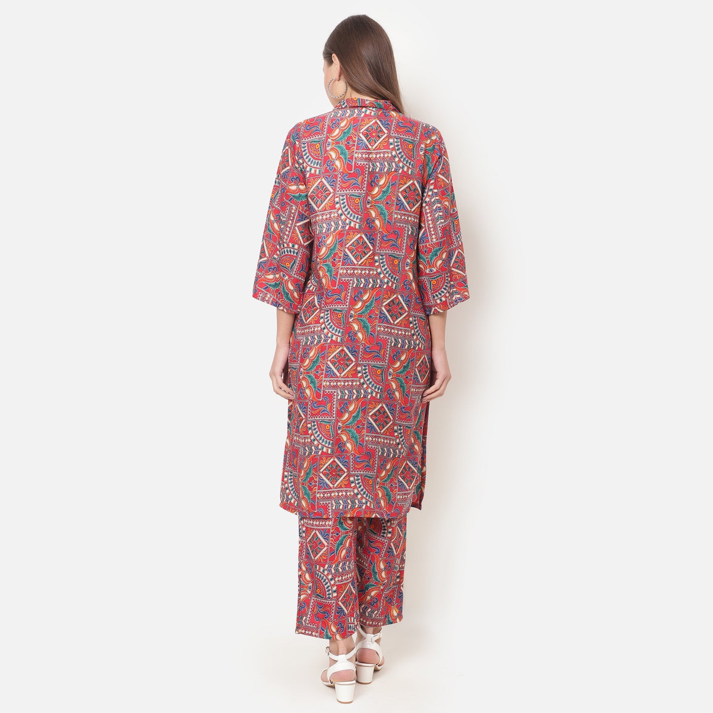 Women Printed Red Shirt Collar Co-Ords