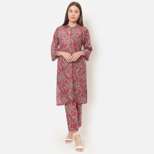 Women Printed Red Shirt Collar Co-Ords