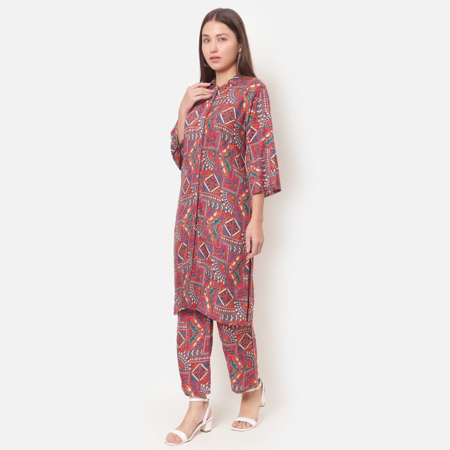 Women Printed Red Shirt Collar Co-Ords