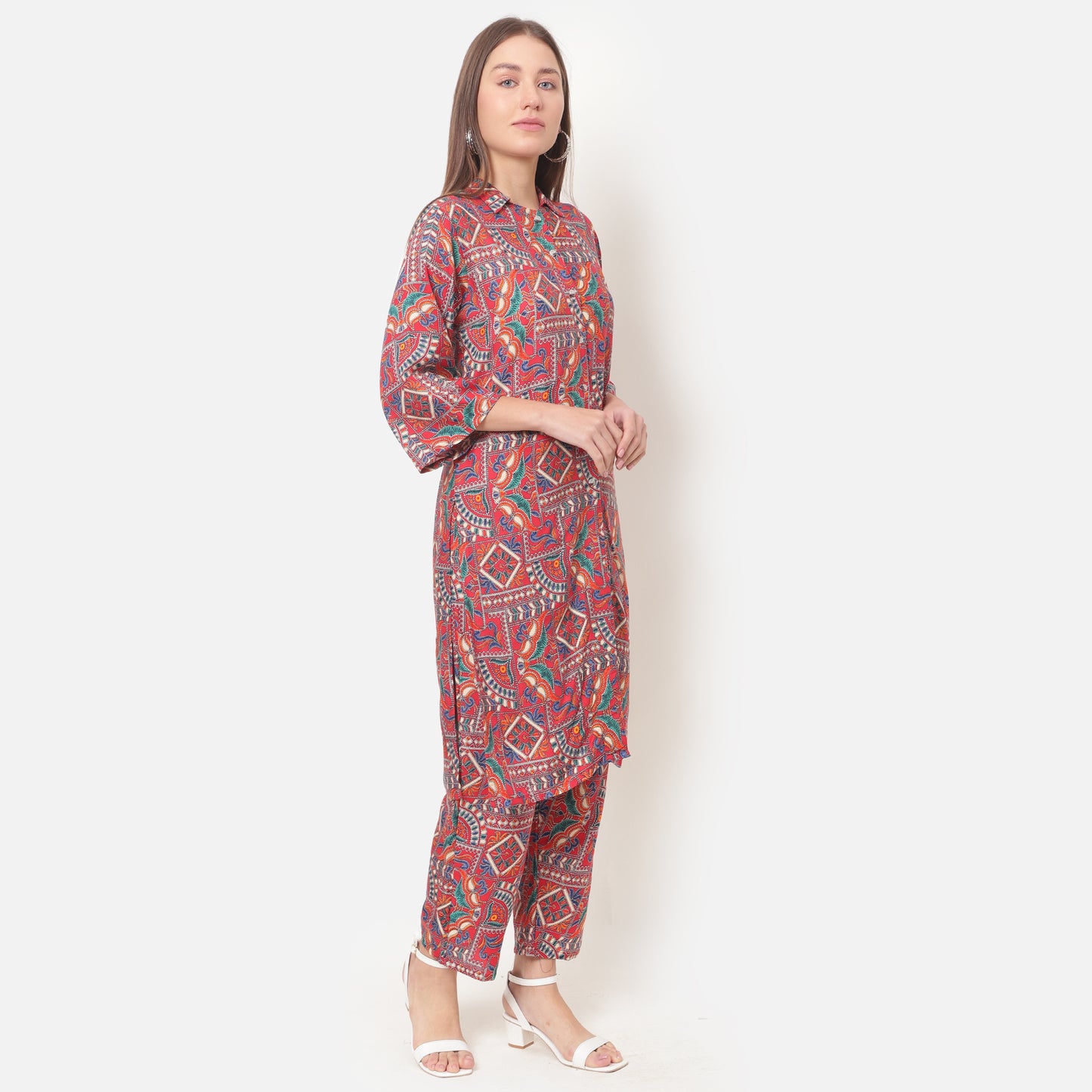 Women Printed Red Shirt Collar Co-Ords