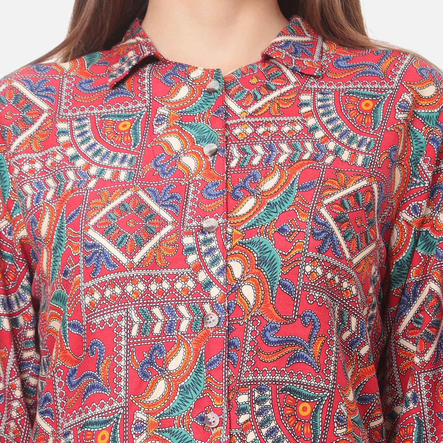 Women Printed Red Shirt Collar Co-Ords