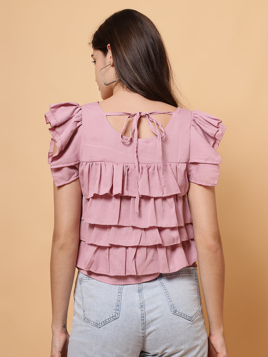 Women Pink Square Neck Layered Crop Top