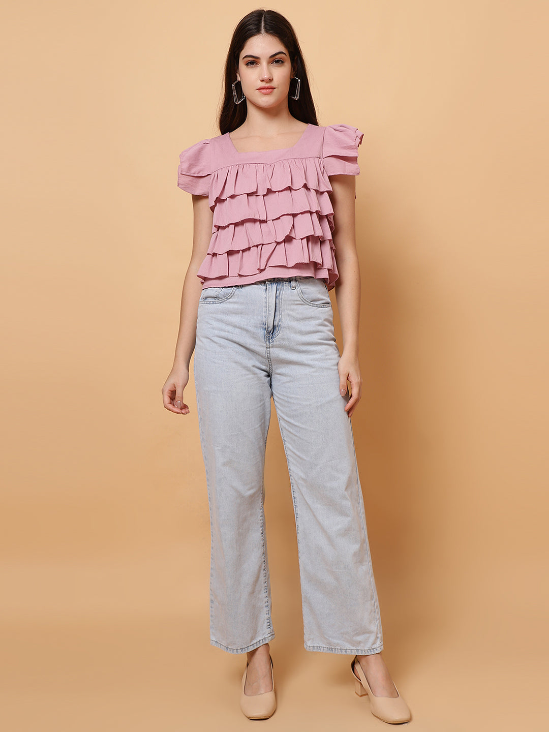 Women Pink Square Neck Layered Crop Top