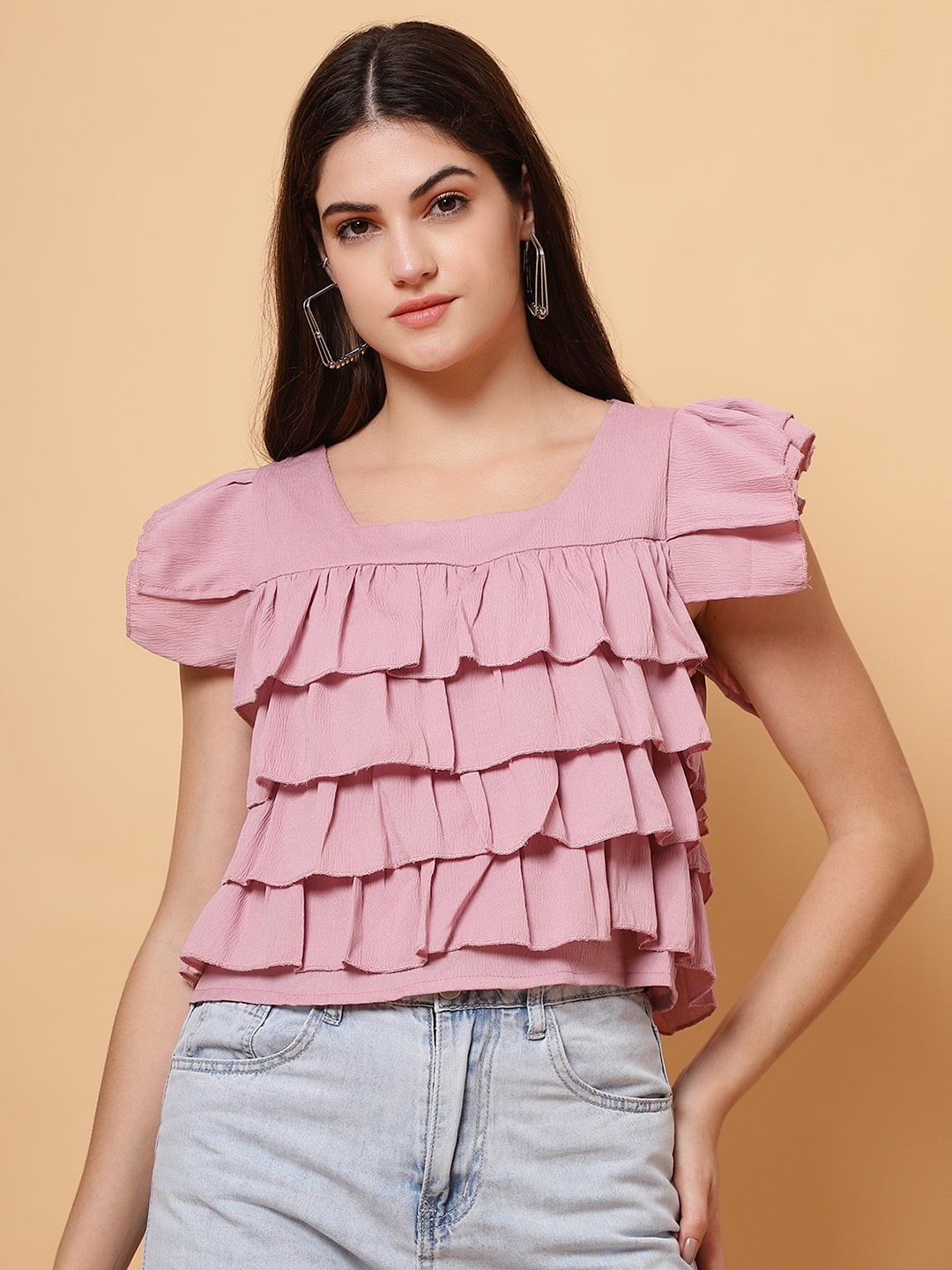 Women Pink Square Neck Layered Crop Top