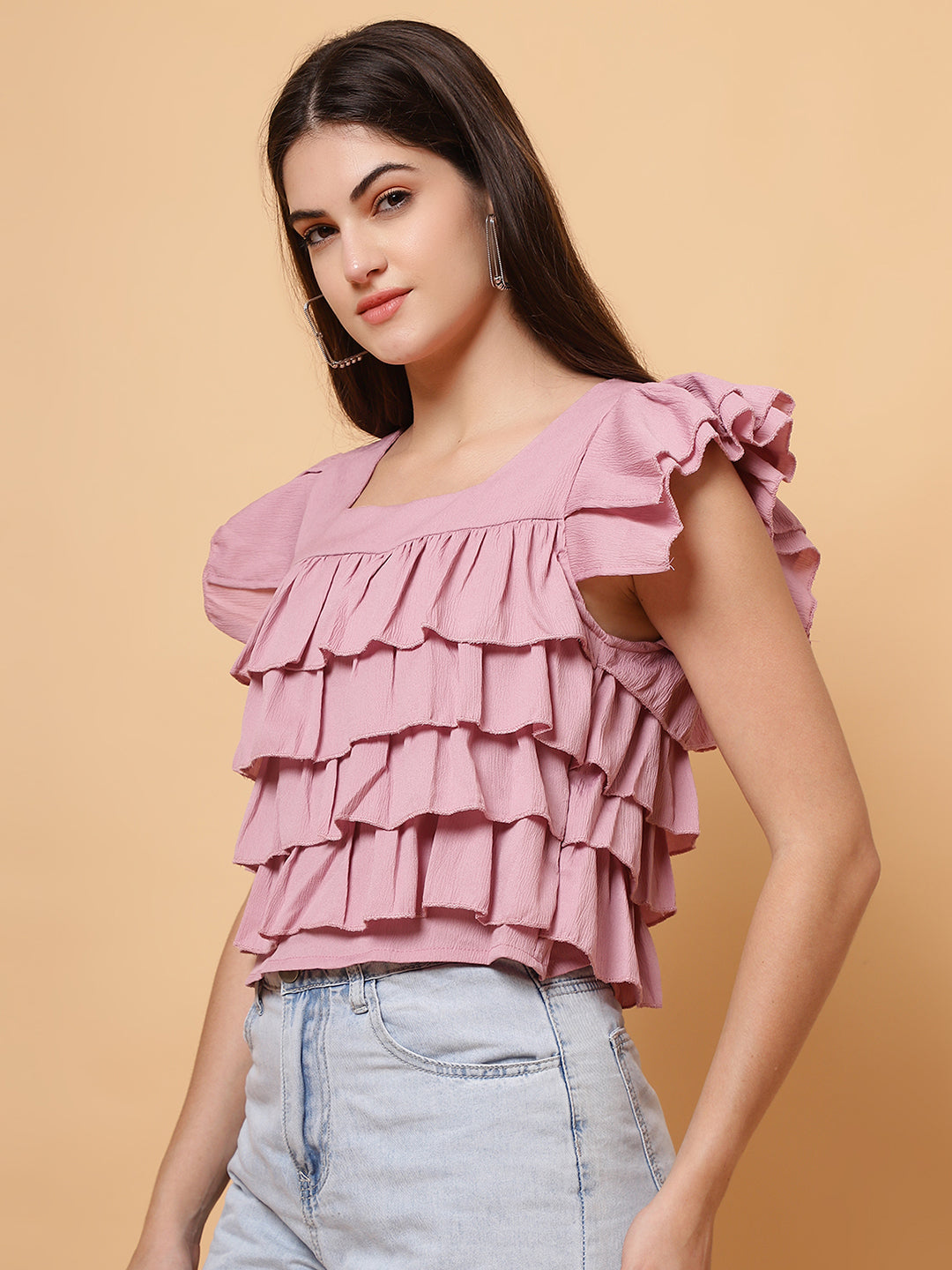 Women Pink Square Neck Layered Crop Top
