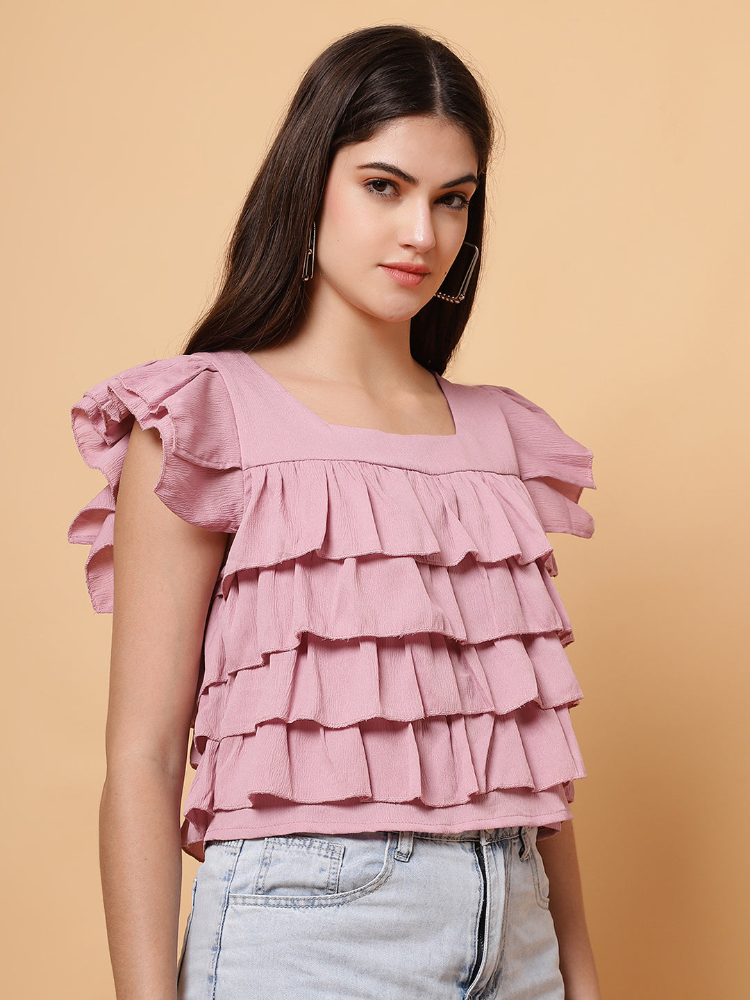 Women Pink Square Neck Layered Crop Top