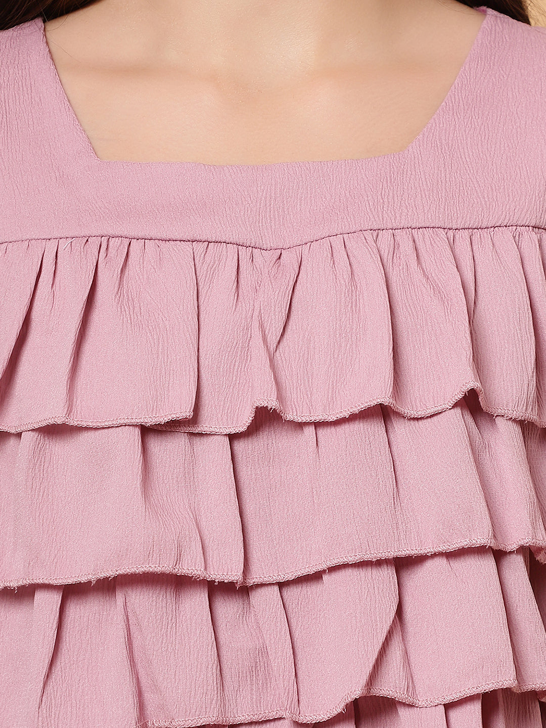 Women Pink Square Neck Layered Crop Top