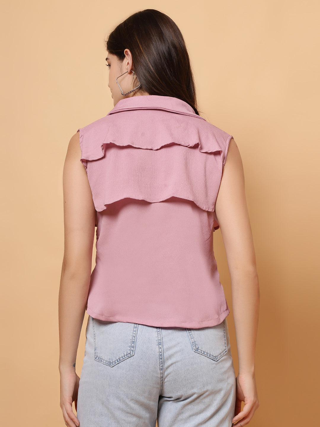 Women Pink Collar Neck Frill Crop Top