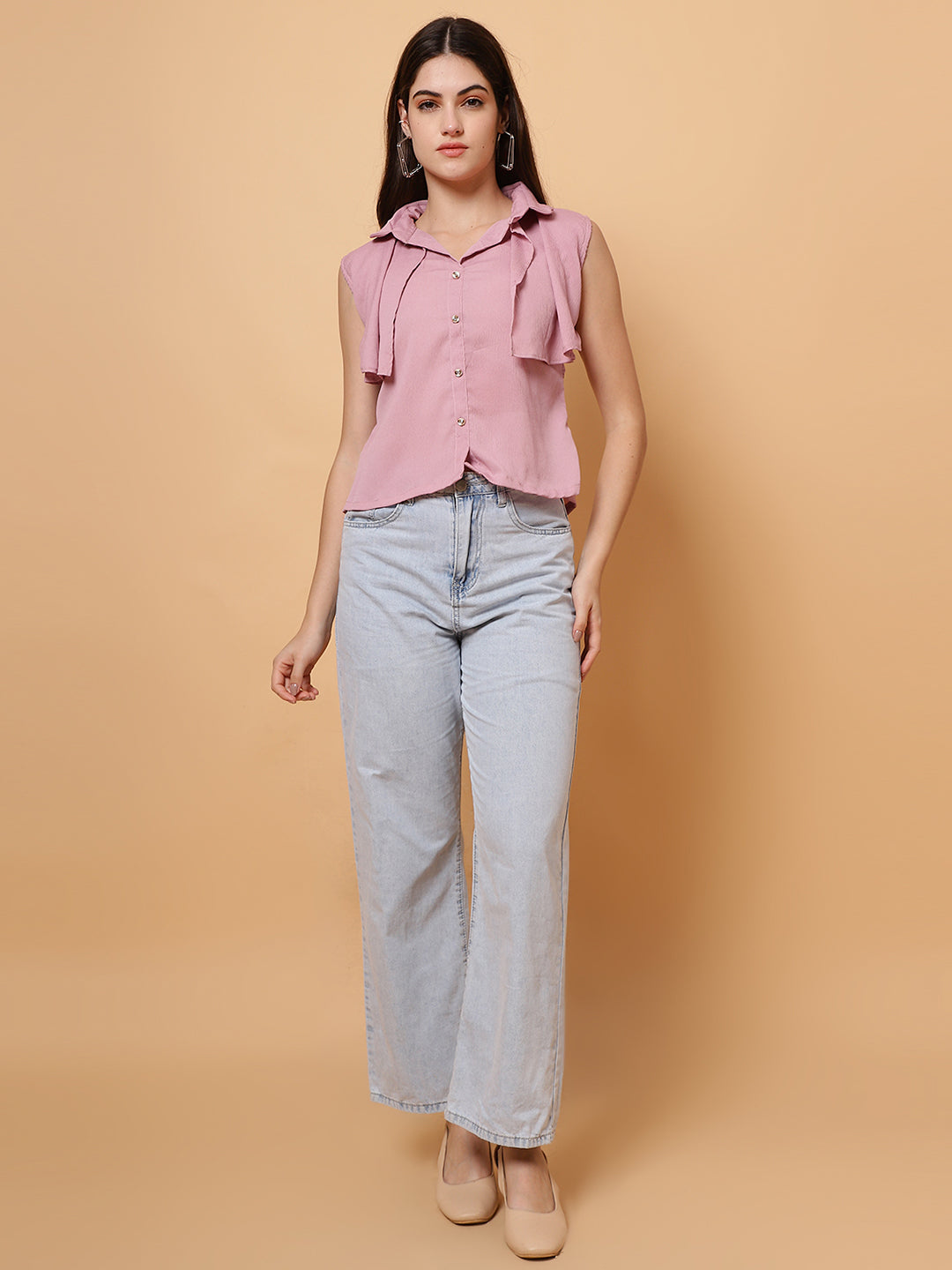 Women Pink Collar Neck Frill Crop Top
