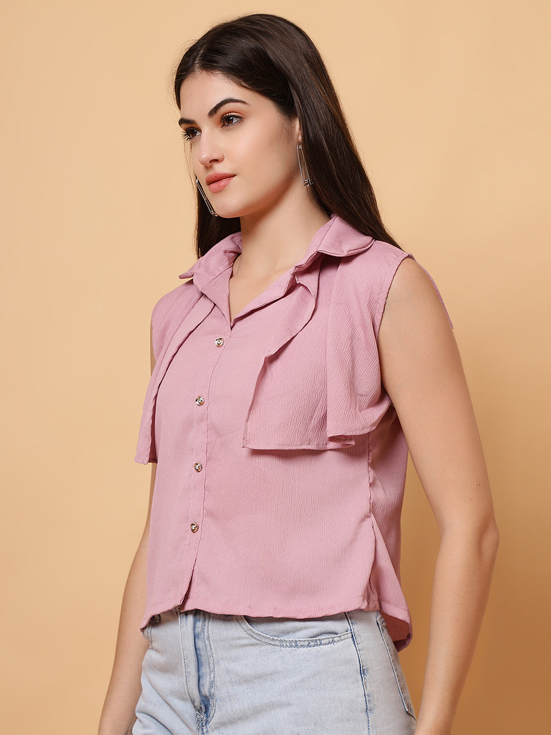 Women Pink Collar Neck Frill Crop Top