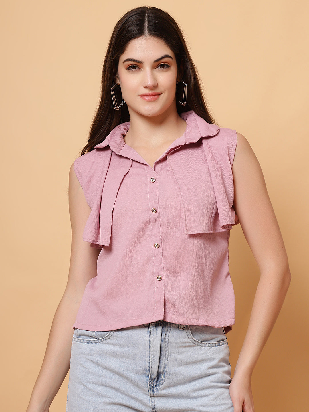 Women Pink Collar Neck Frill Crop Top