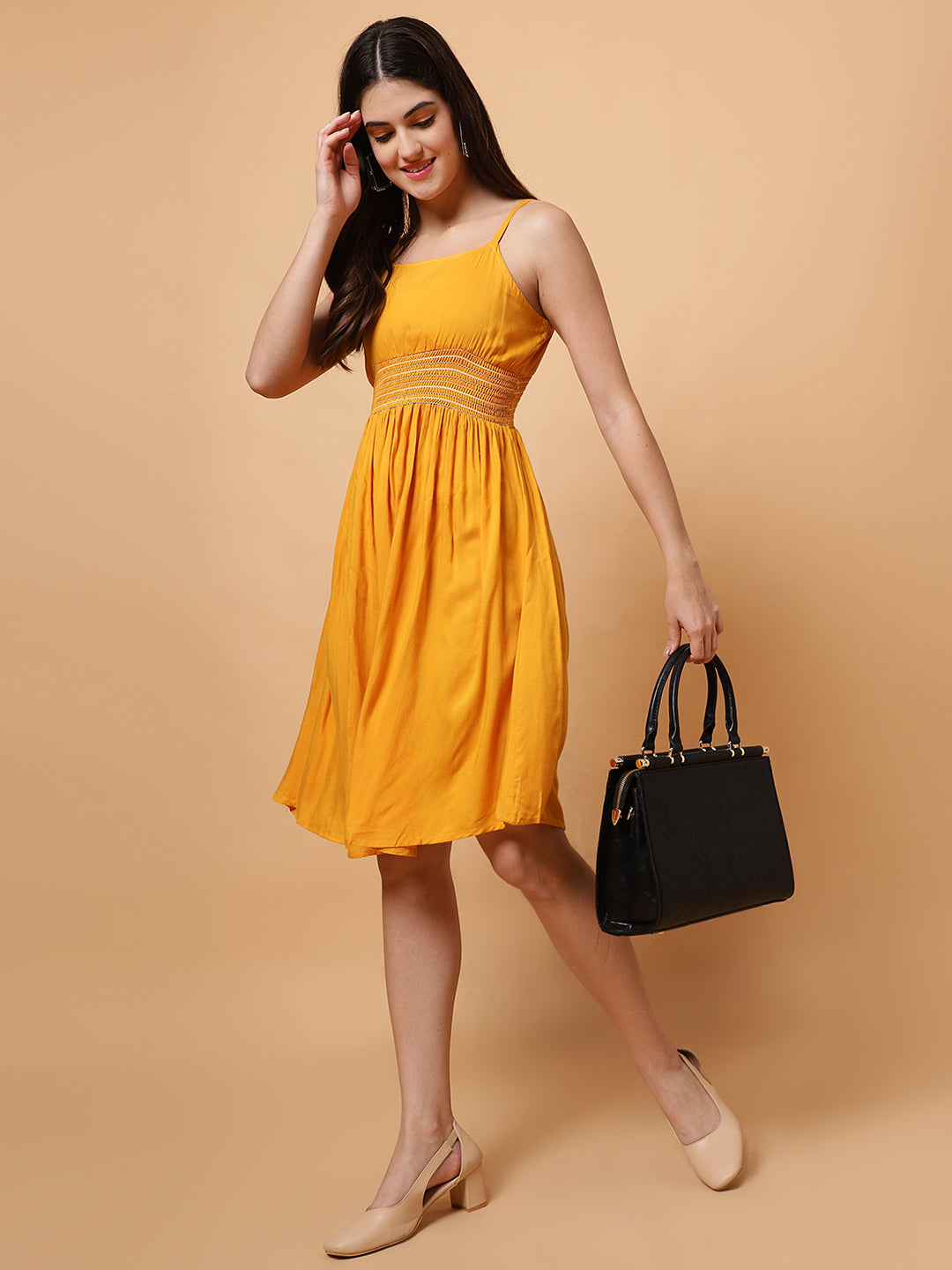 Women Mustard Strappy Mini Dress
