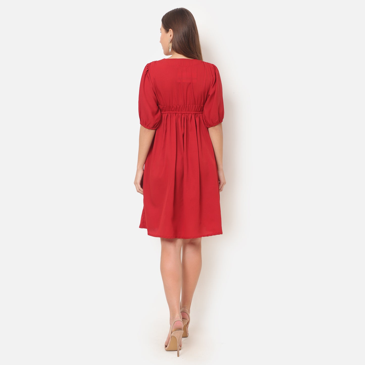 Women V-Neck Puff Sleeve Fit & Flare Dress