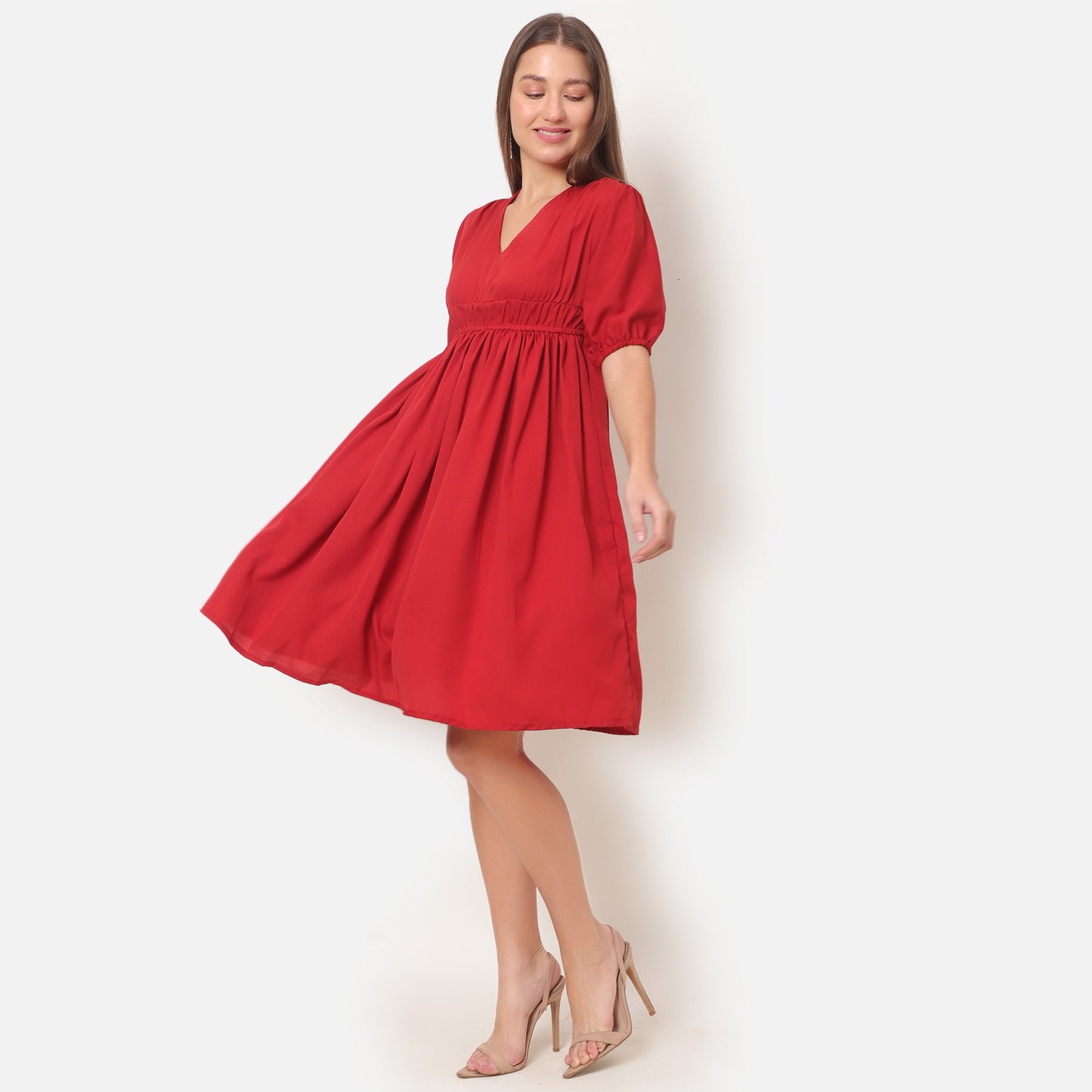 Women V-Neck Puff Sleeve Fit & Flare Dress