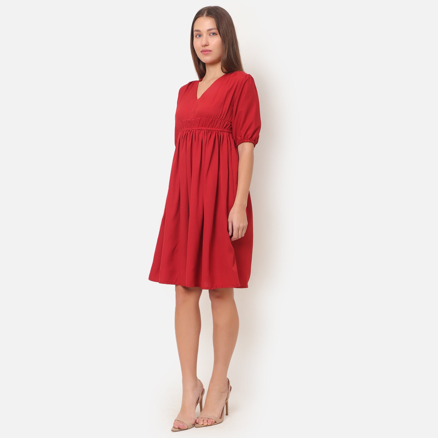 Women V-Neck Puff Sleeve Fit & Flare Dress