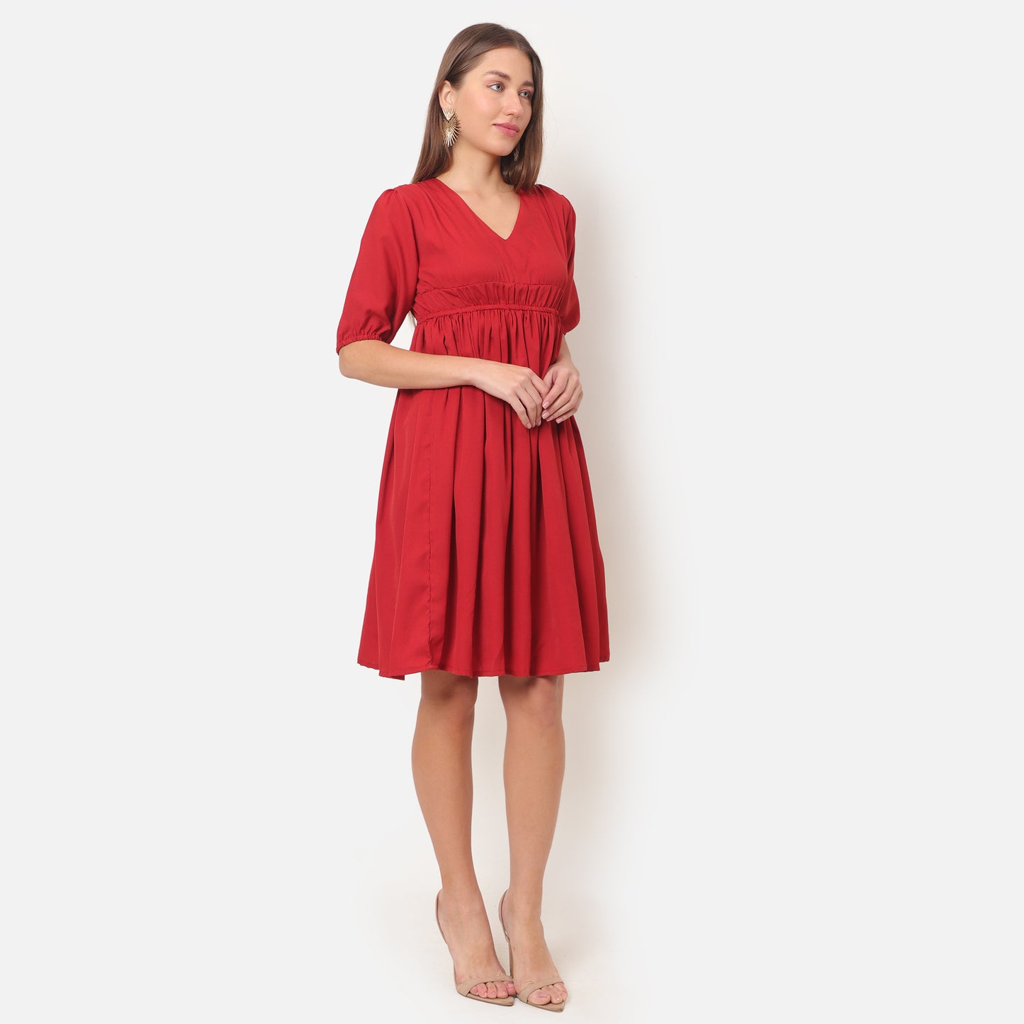 Women V-Neck Puff Sleeve Fit & Flare Dress