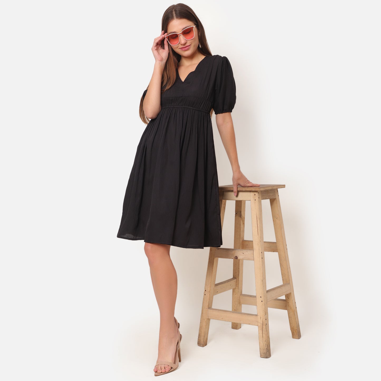Women black A-line Midi Dress