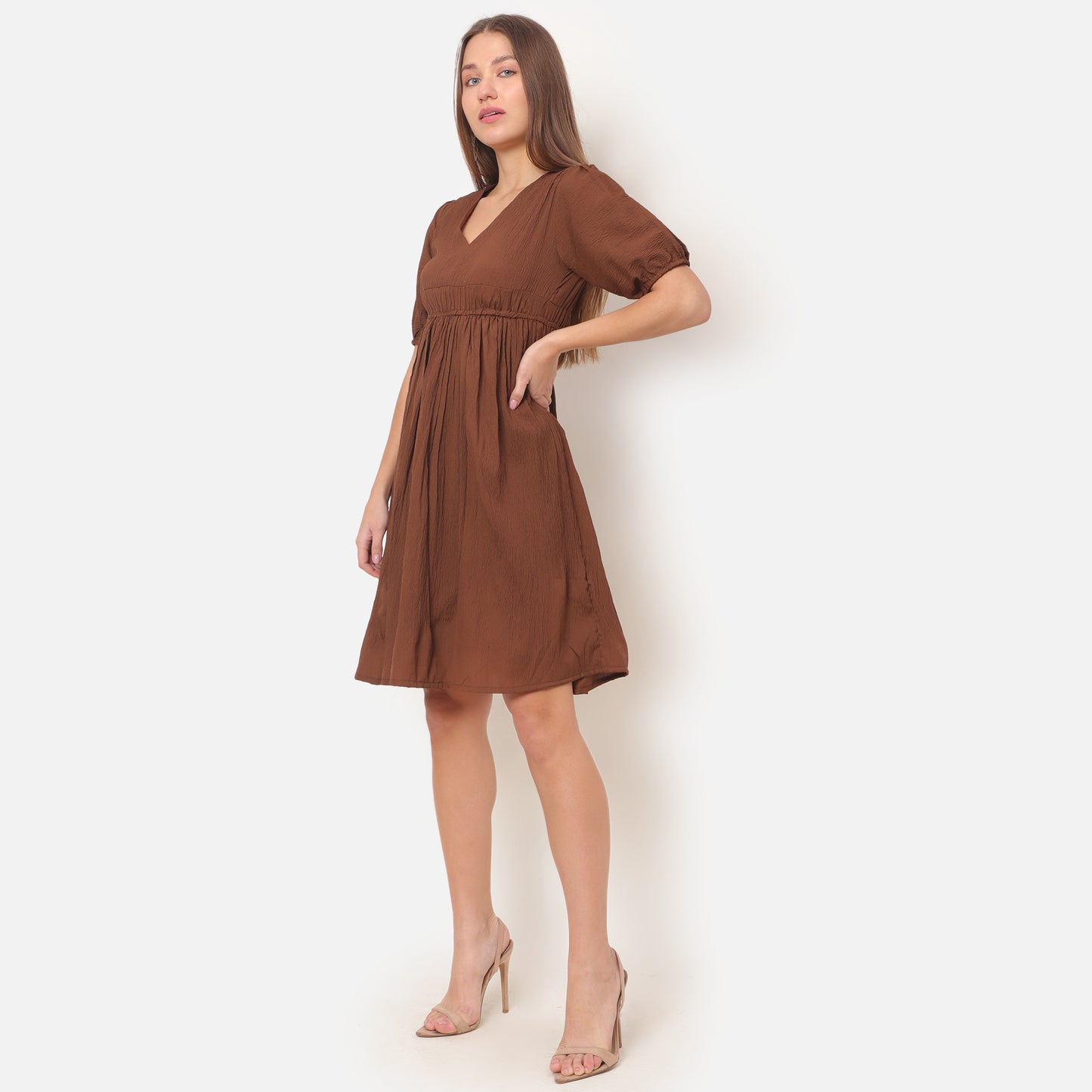 Women Brown Solid Flared Dress