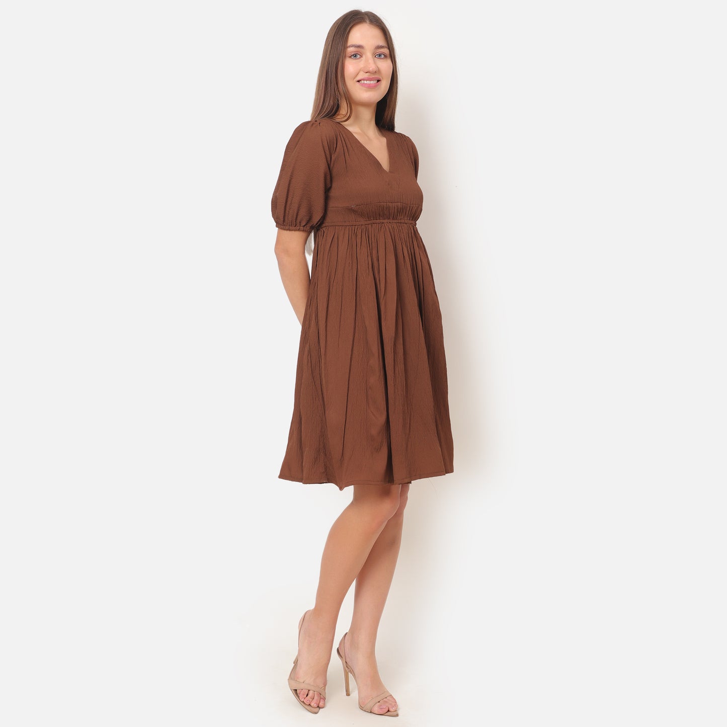 Women Brown Solid Flared Dress