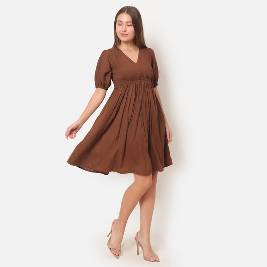 Women Brown Solid Flared Dress