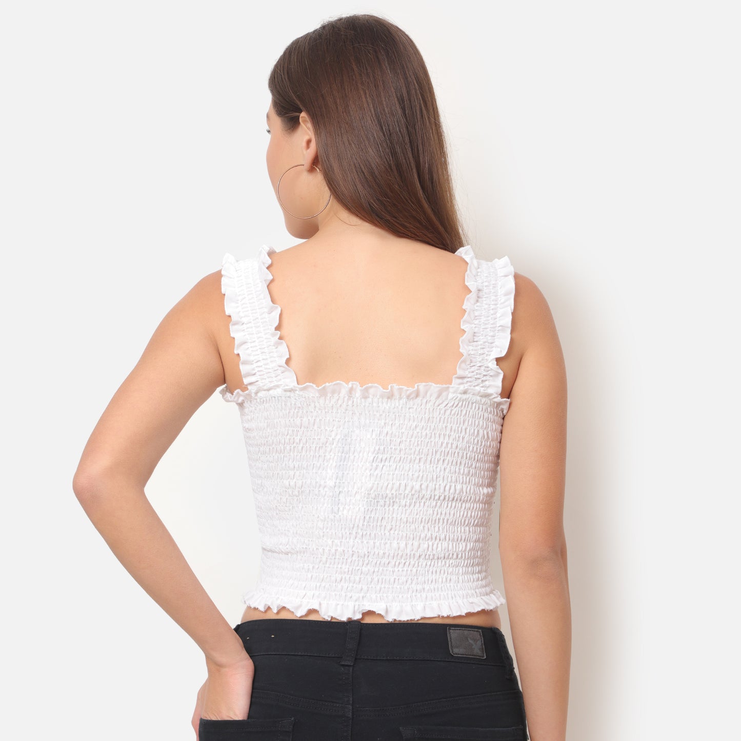 Women White Smocked Sleeveless Top
