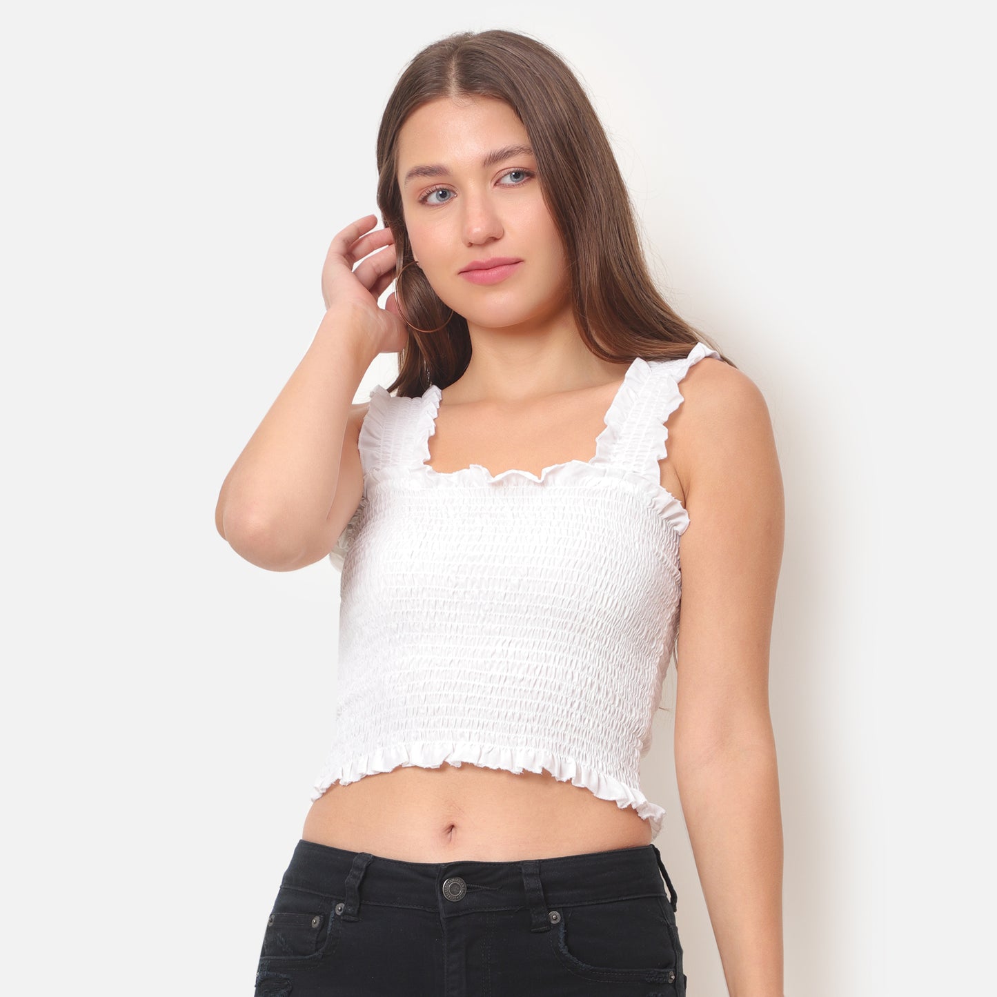 Women White Smocked Sleeveless Top