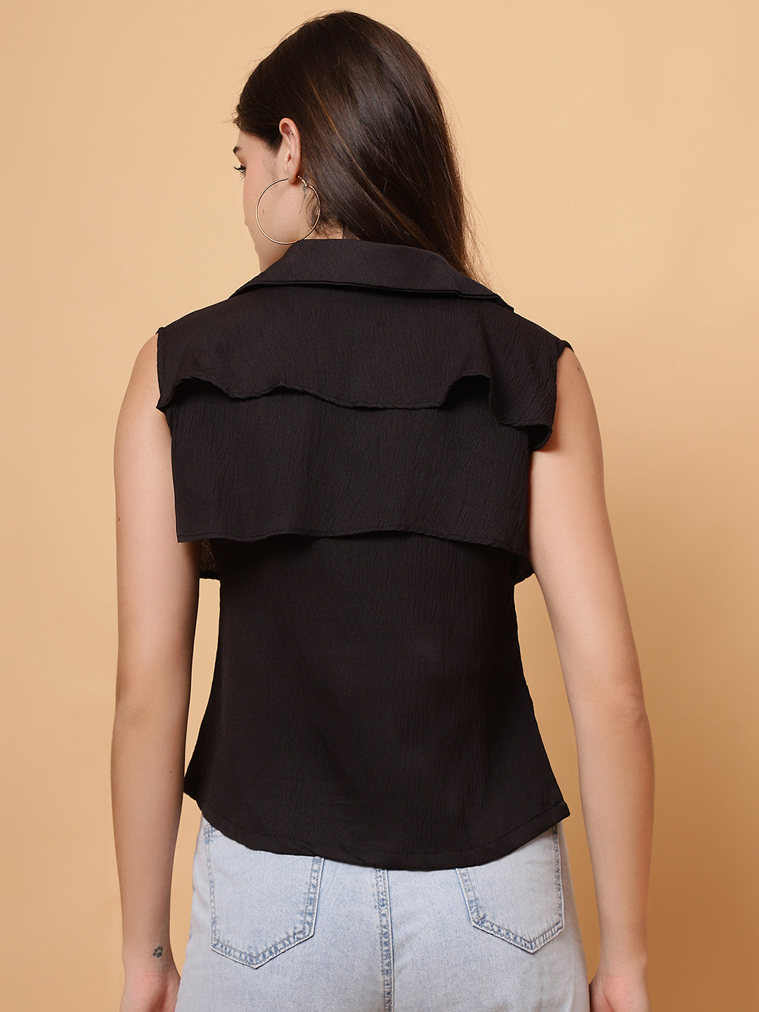 Women Black Collar Neck Frill Crop Top