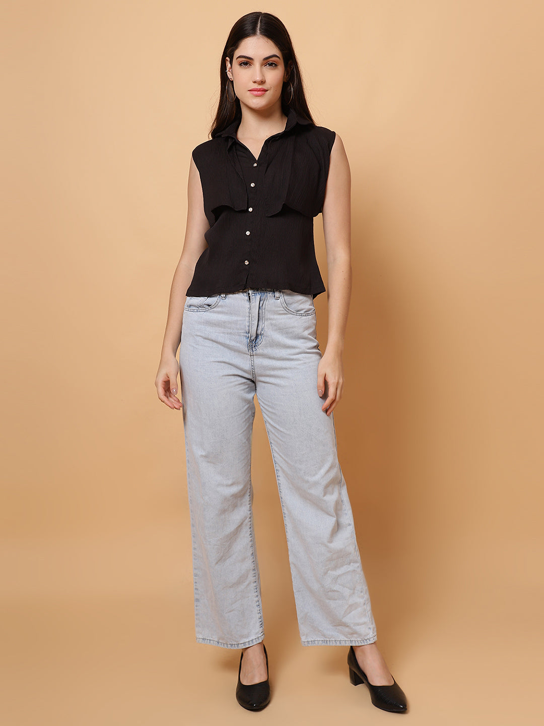 Women Black Collar Neck Frill Crop Top