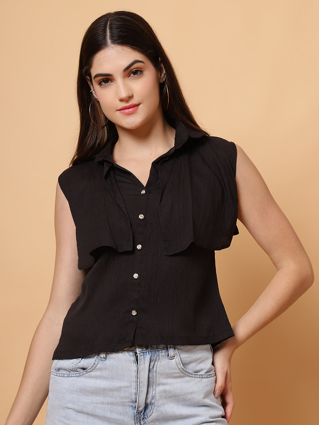 Women Black Collar Neck Frill Crop Top