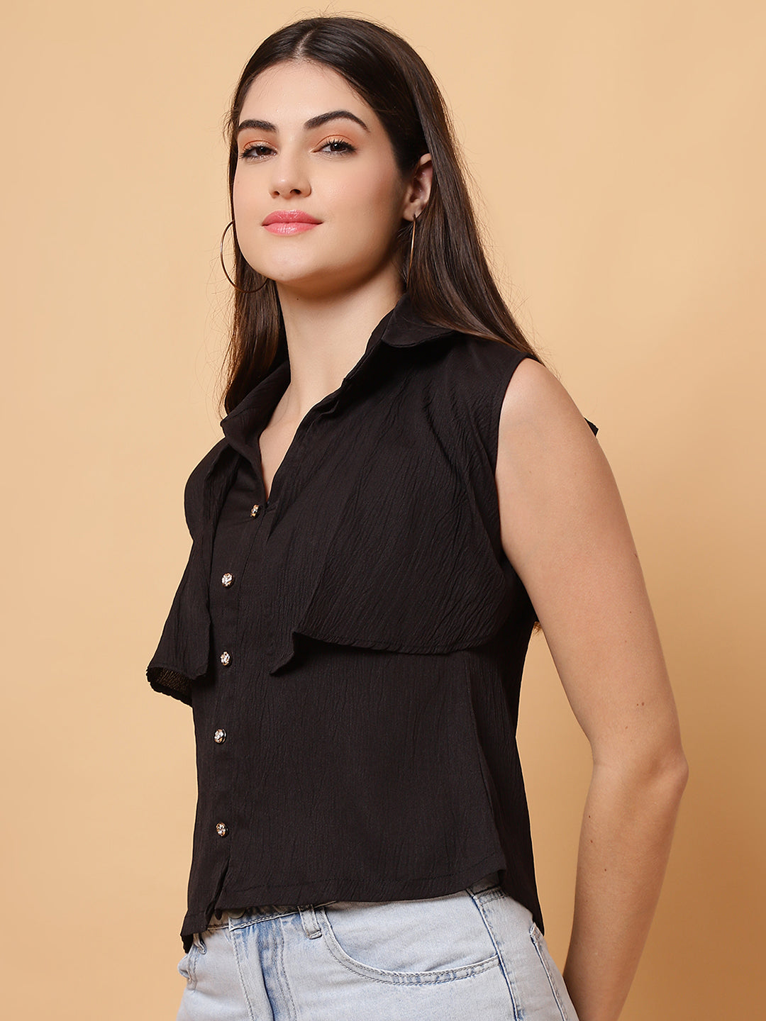 Women Black Collar Neck Frill Crop Top