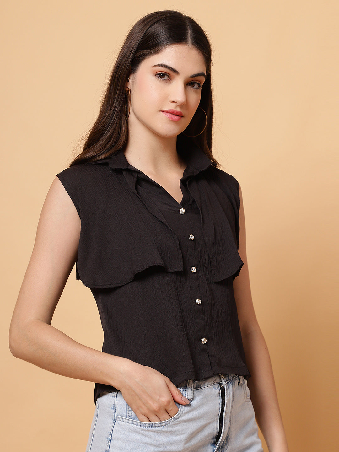 Women Black Collar Neck Frill Crop Top