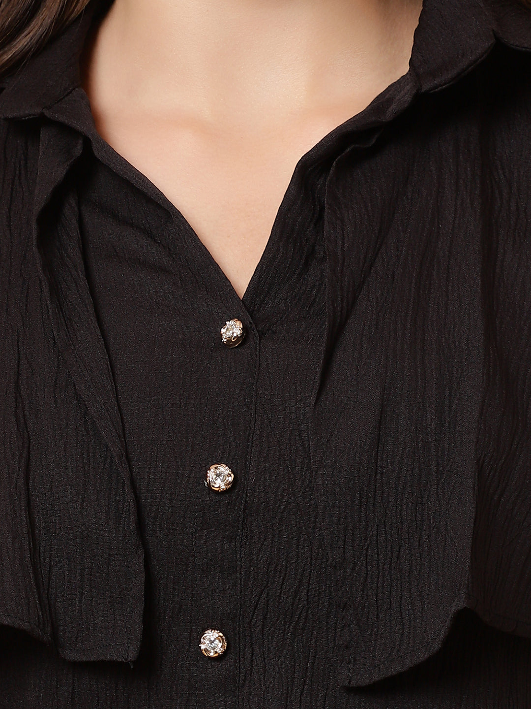Women Black Collar Neck Frill Crop Top