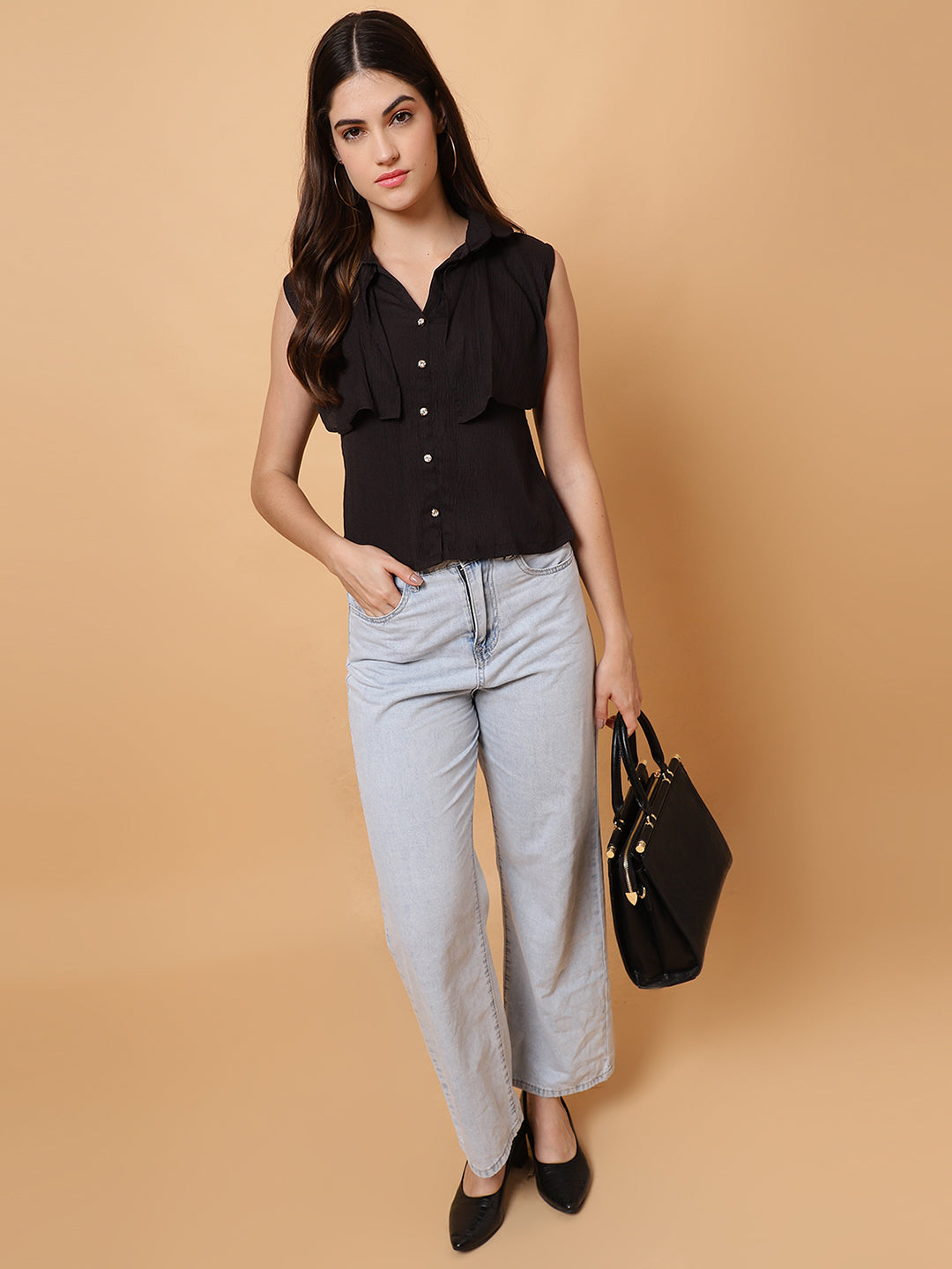 Women Black Collar Neck Frill Crop Top