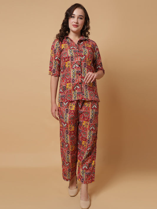 Women Red Jaipuri Printed Shirt Co-Ords
