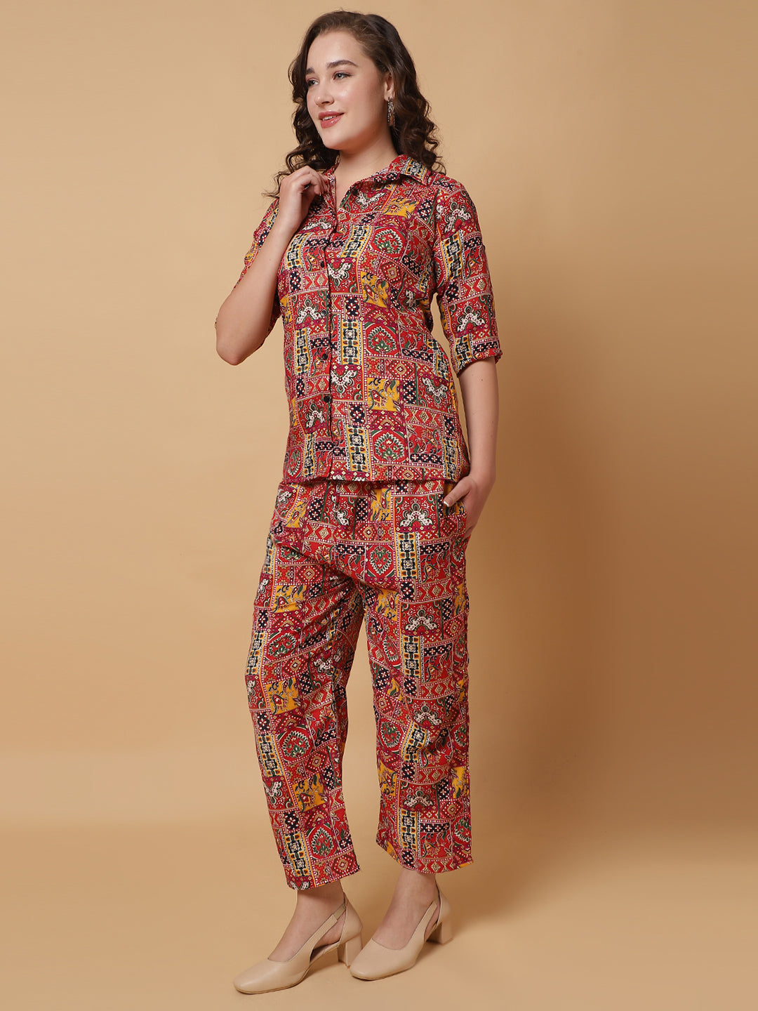 Women Red Jaipuri Printed Shirt Co-Ords