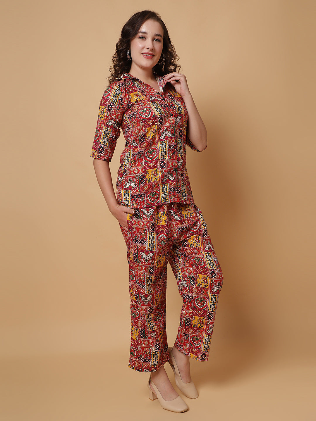 Women Red Jaipuri Printed Shirt Co-Ords