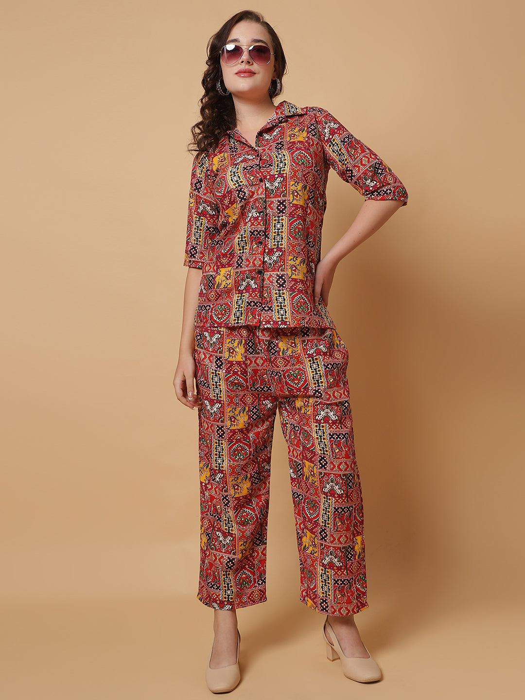 Women Red Jaipuri Printed Shirt Co-Ords
